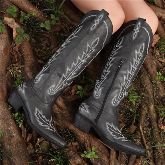 Cowboy Boots for Women - Knee High Pointed Toe Chunky Heel Pull On Zipper - Picture 4 of 6